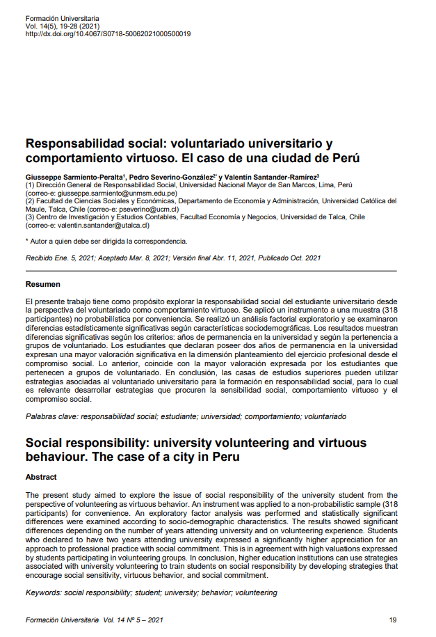 Responsabilidad social: voluntariado universitario y comportamiento virtuoso. El caso de una ciudad de Perú